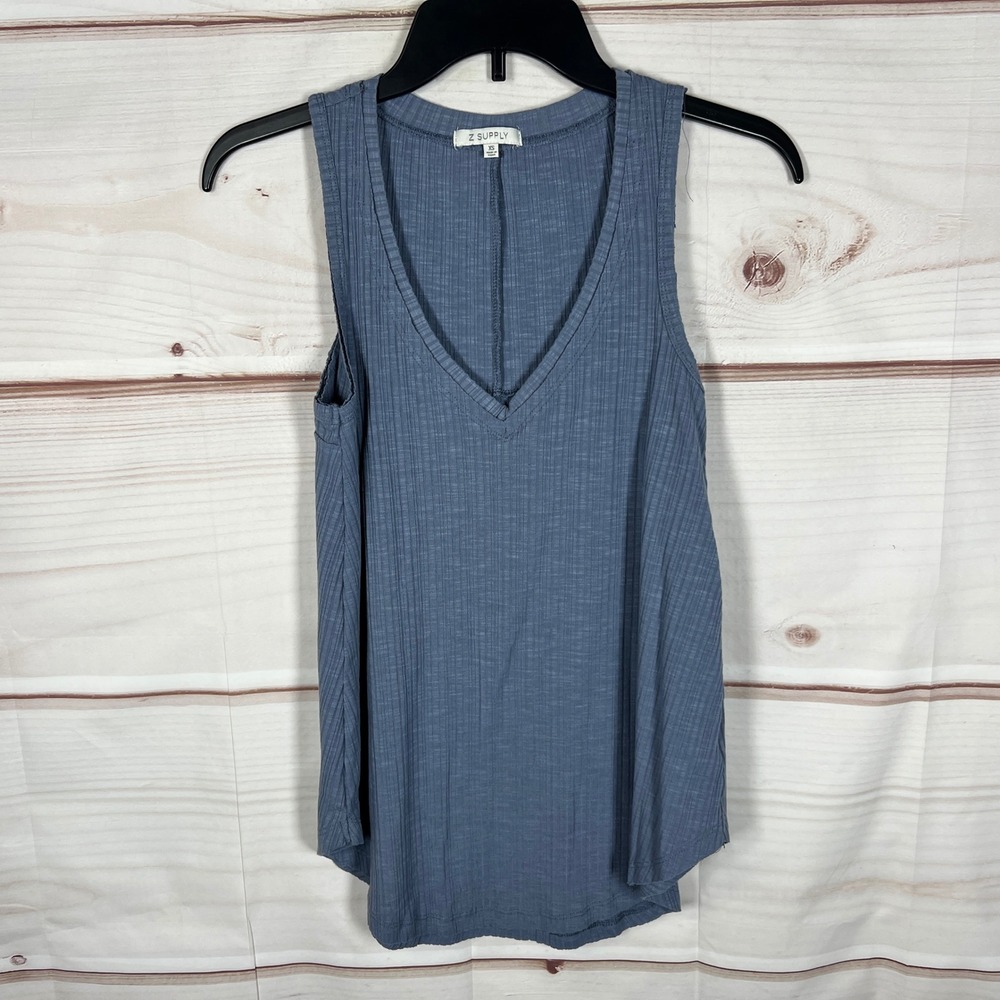 Z Supply Ribbed Tank Top‎ Womens XS Blue Solid V-Neck Sleeveless Basic Layering